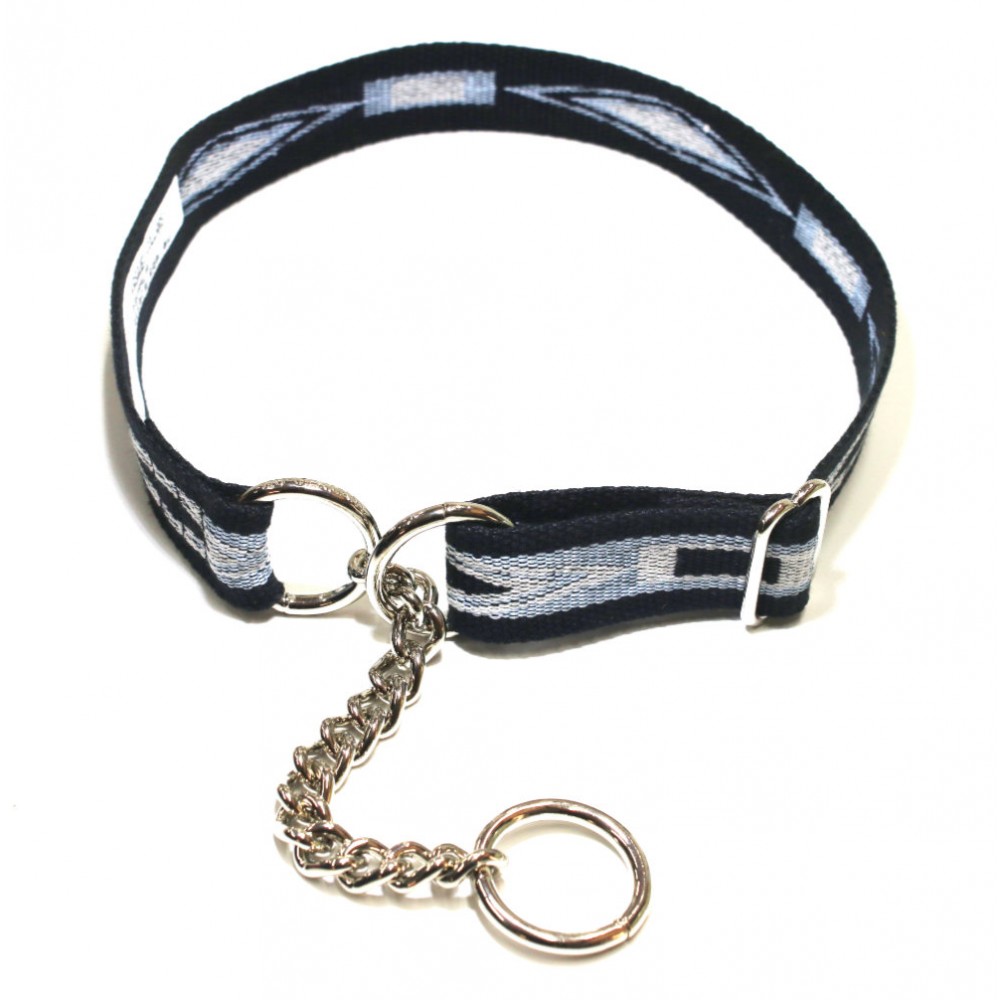 Easyfit black webbing dog collar (no buckle) with navy blue, blue and